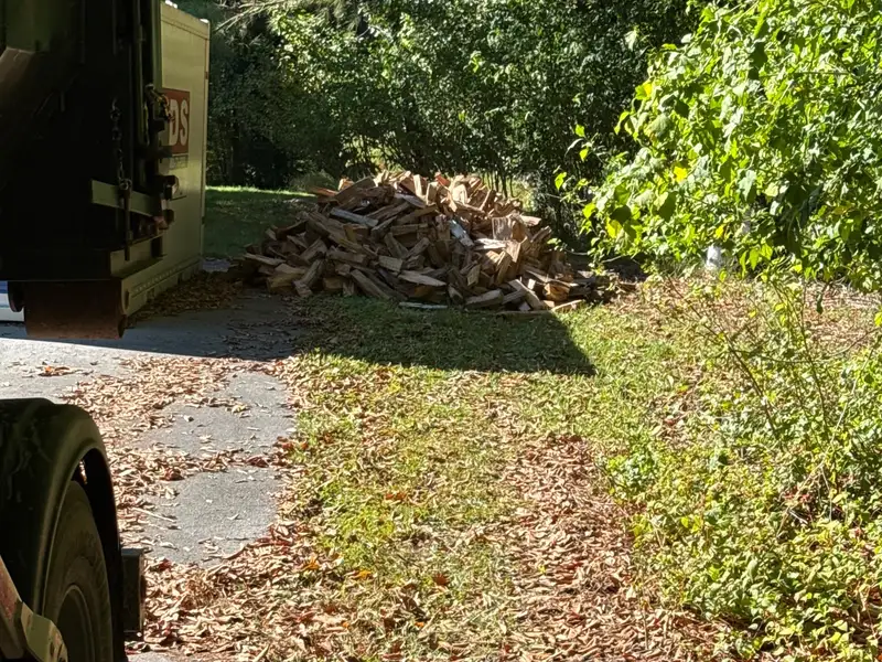 A delivered pile of split firewood next to a roll-off container